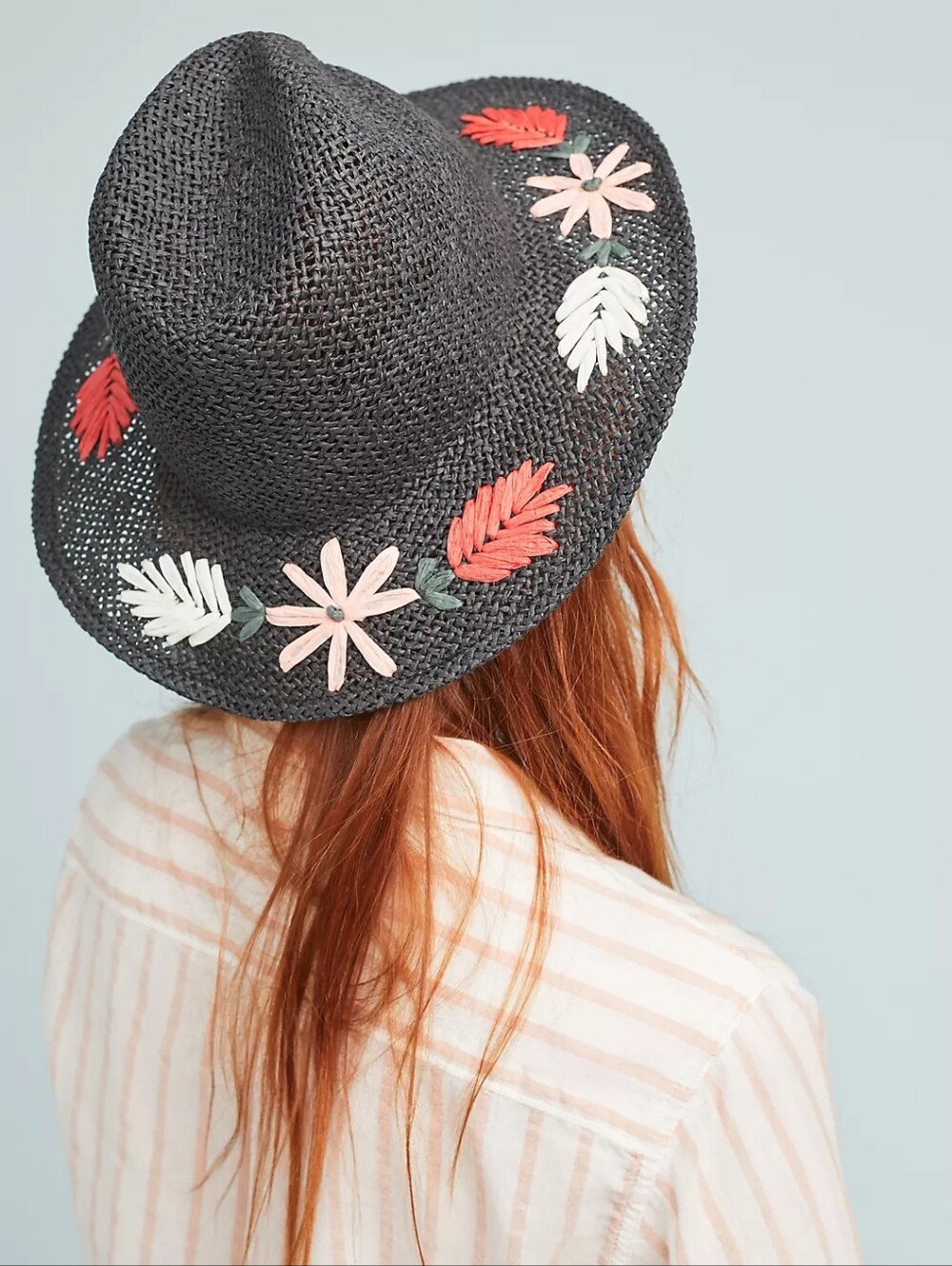Anthropologie Jana Floral Fedora Hat Black Straw One Size
